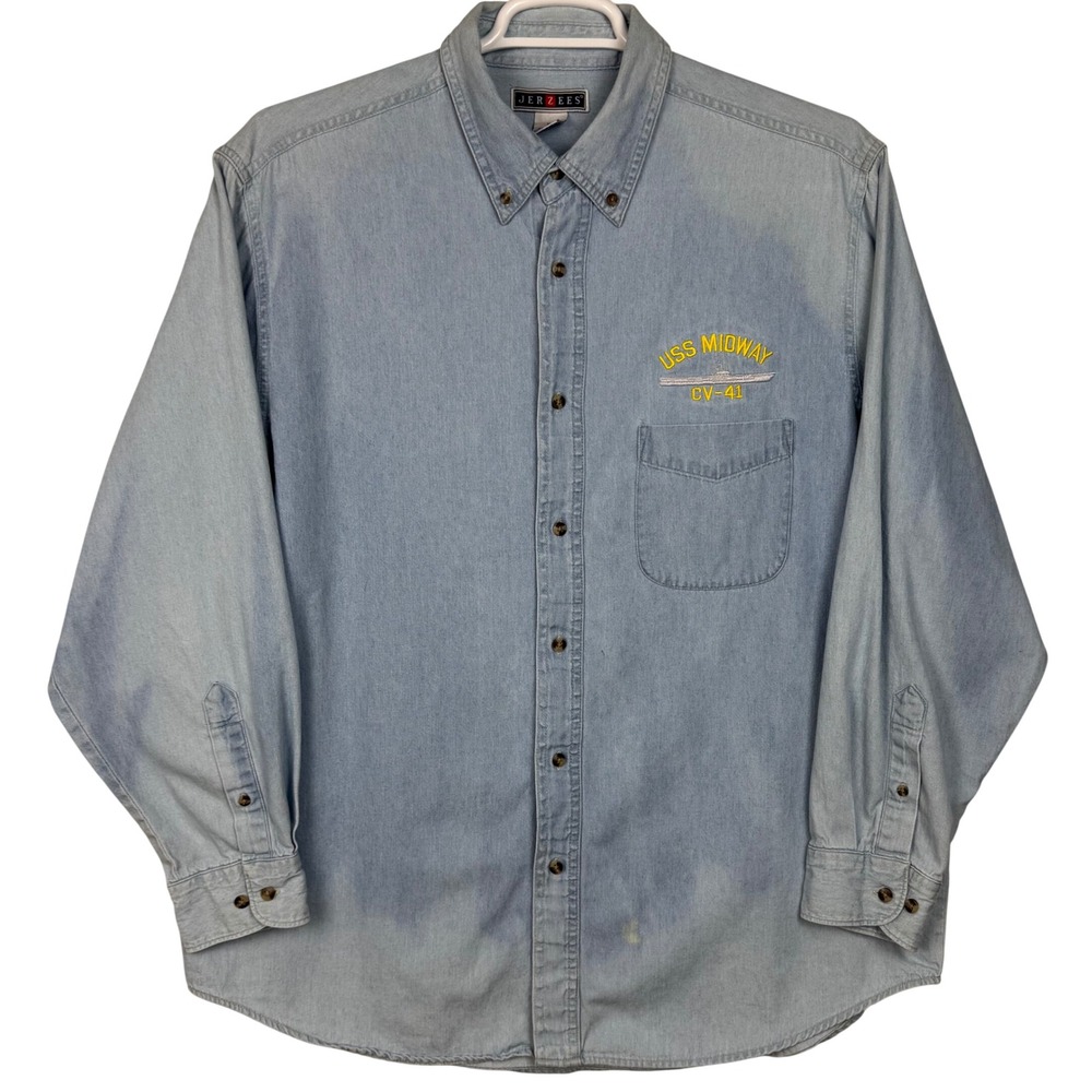 Vintage Jerzees USS Midway CV-41 Shirt Mens XL Blue Button Down US Navy Utility